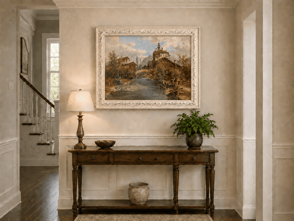 River village, stone bridge and waterside buildings hand-painted oil artwork shown as home wall decor.
