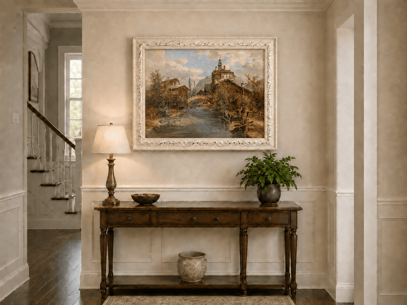 River village, stone bridge and waterside buildings hand-painted oil artwork shown as home wall decor.