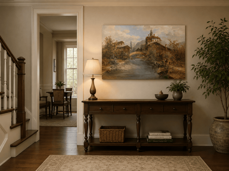Waterside village landscape painting shown as decorative oil wall art.