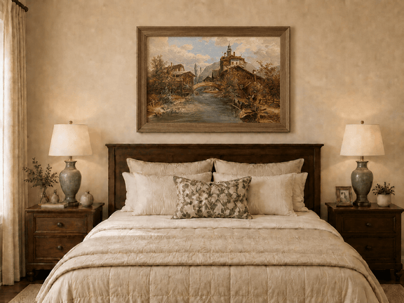 Hand-painted river village with waterside buildings artwork displayed as decorative wall art.