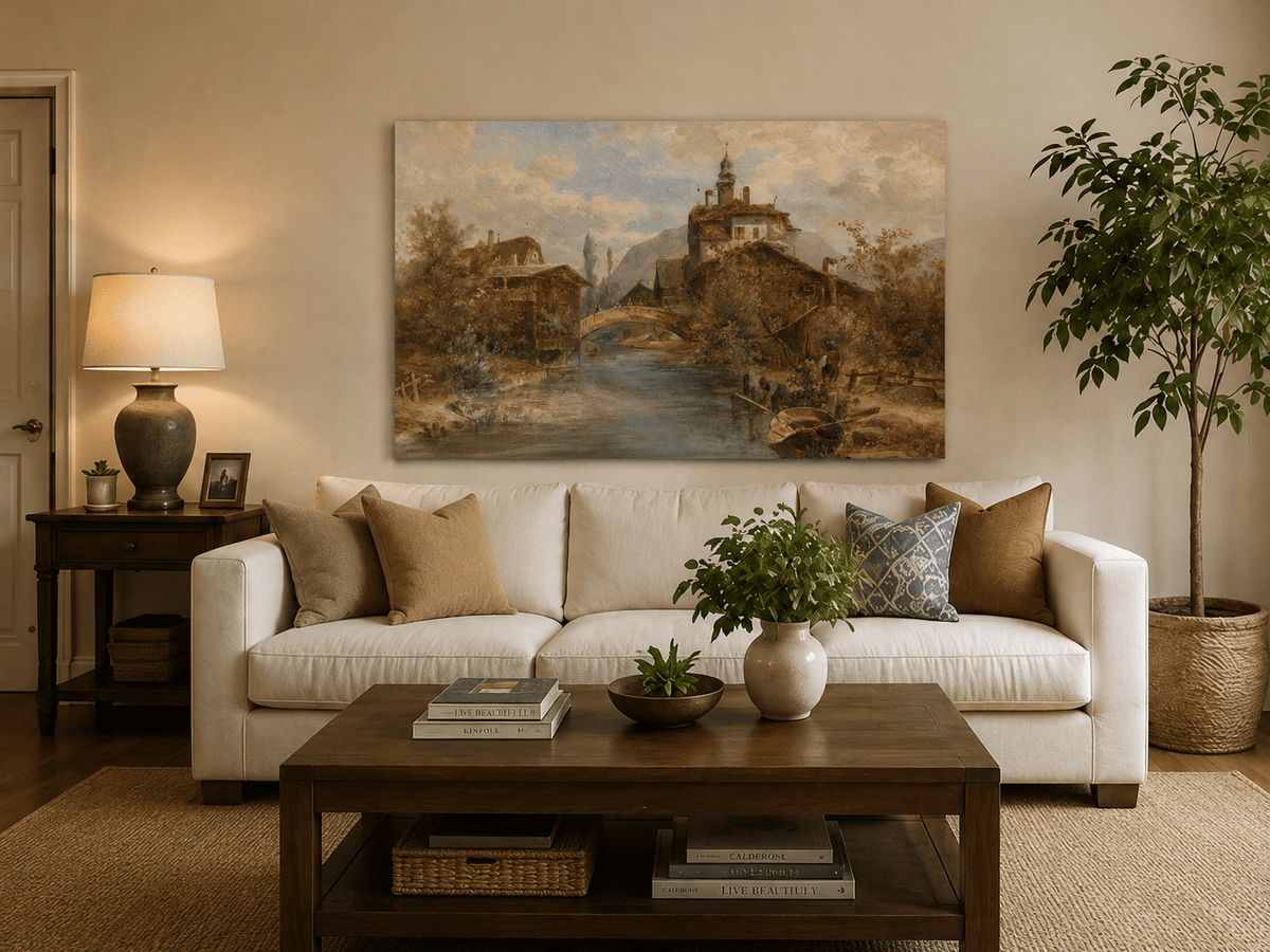 River village and stone bridge hand-painted oil artwork displayed in a second interior view.