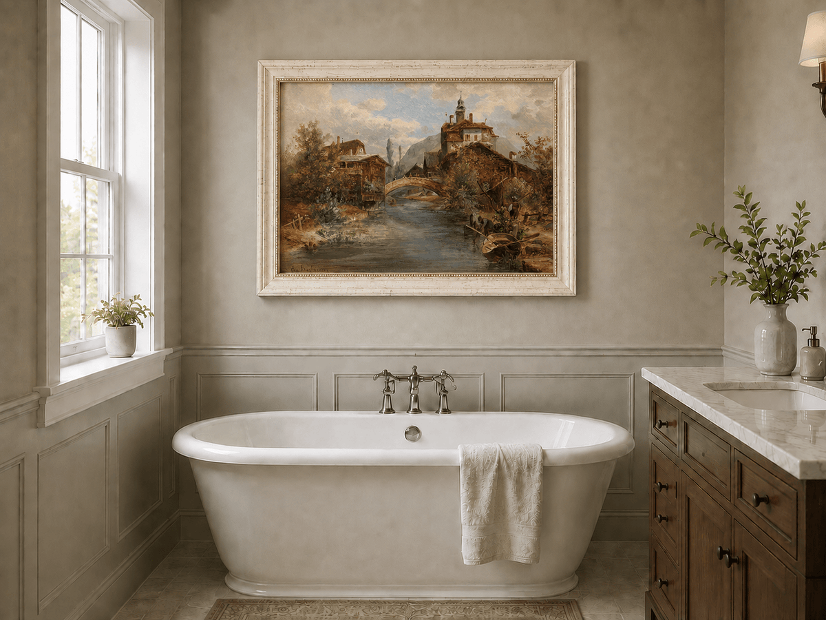 River village with waterside buildings landscape oil painting presented as interior home decor.