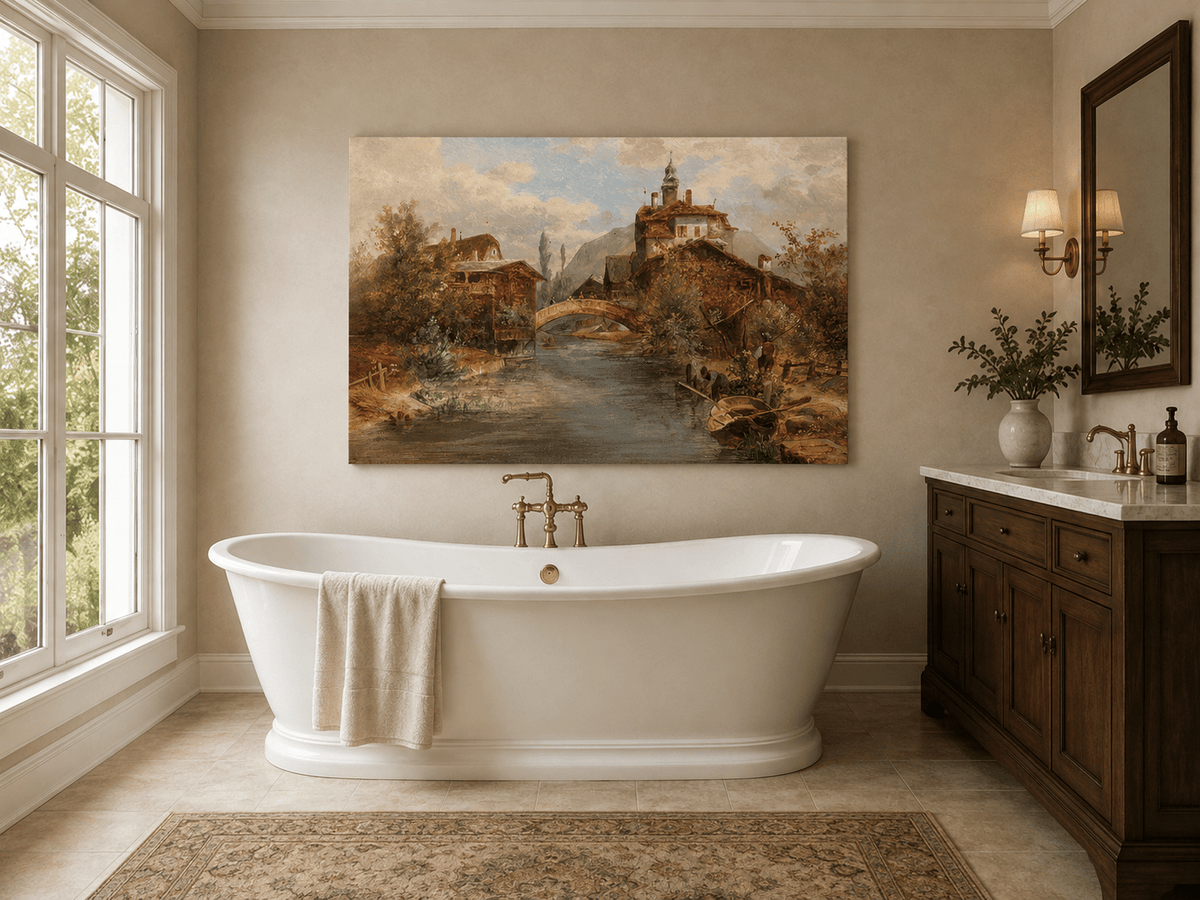 River village, stone bridge and waterside buildings landscape oil painting presented as styled home decor.