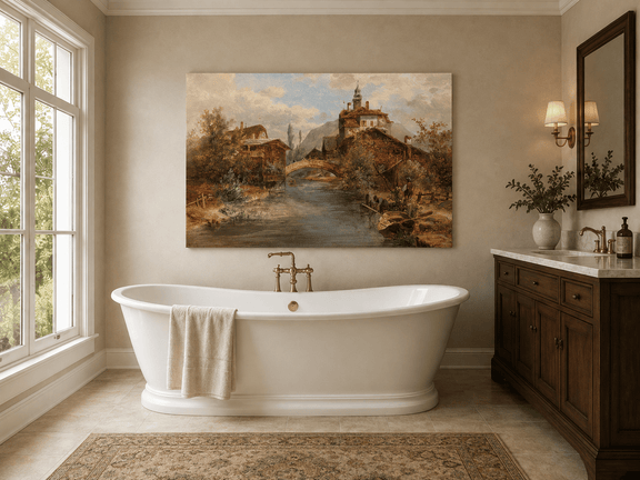 River village, stone bridge and waterside buildings landscape oil painting presented as styled home decor.