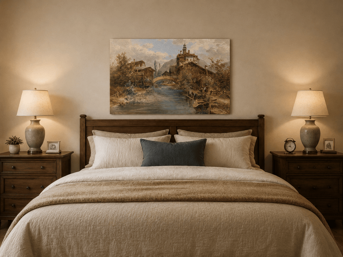 River village and stone bridge oil painting displayed as landscape wall decor.