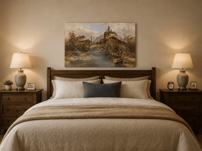 River village and stone bridge oil painting displayed as landscape wall decor.