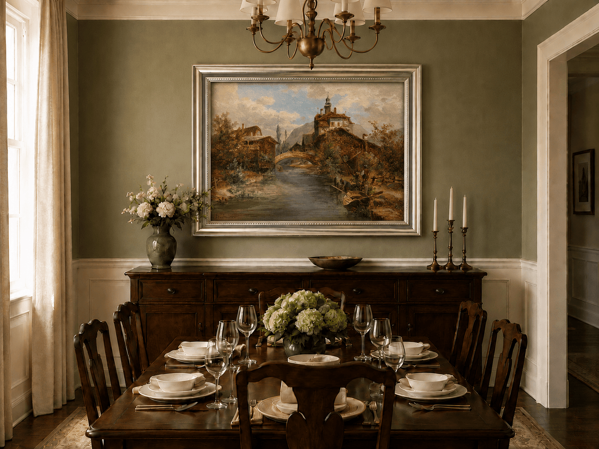 River village and stone bridge oil landscape artwork shown in a styled home interior.