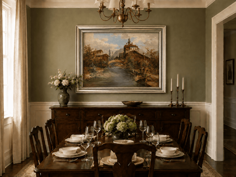 River village and stone bridge oil landscape artwork shown in a styled home interior.