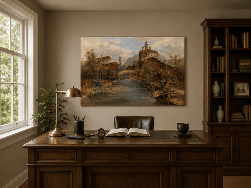 Interior wall art view featuring a river village, stone bridge and waterside buildings oil painting.