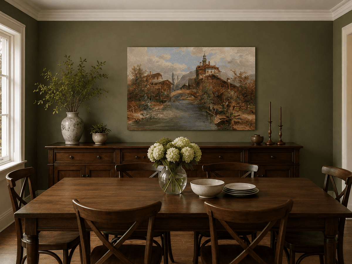 Hand-painted river village and waterside buildings landscape artwork in an interior display.
