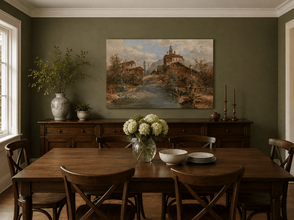 Hand-painted river village and waterside buildings landscape artwork in an interior display.
