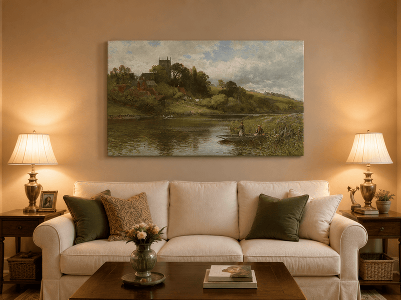 Landscape Oil Painting - River Village with Church and Rowboat