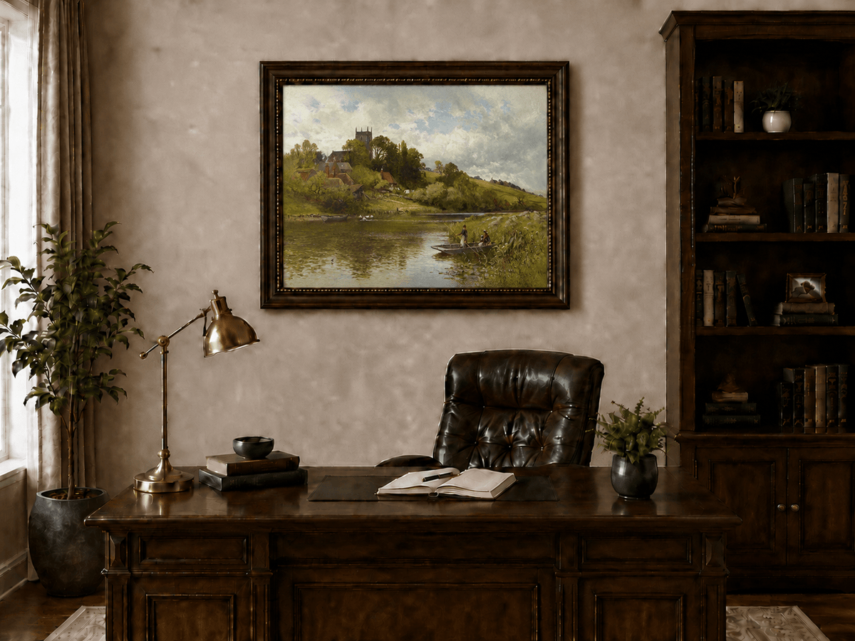 Landscape Oil Painting - River Village with Church and Rowboat