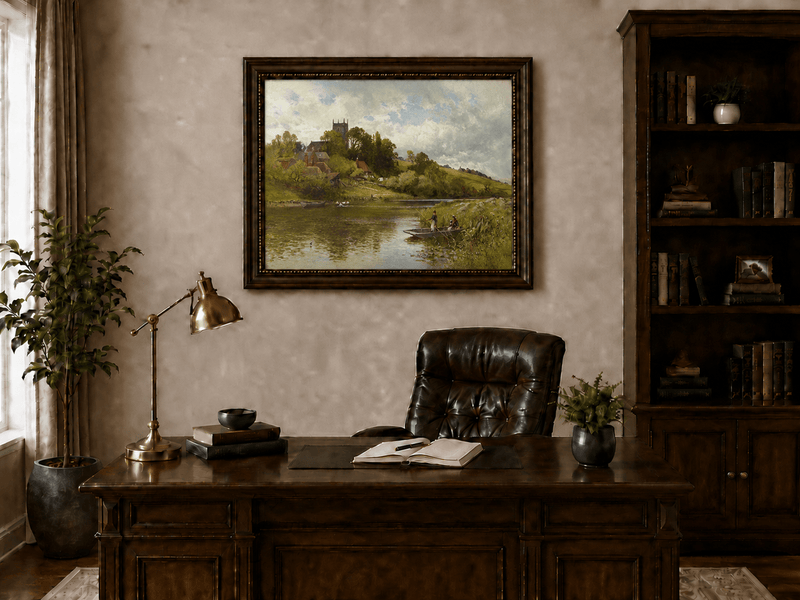 Landscape Oil Painting - River Village with Church and Rowboat