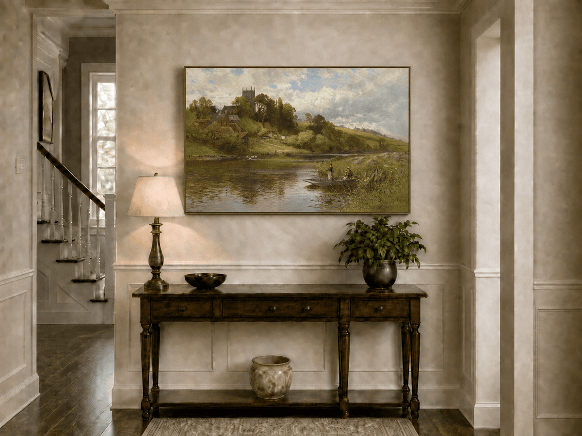 Landscape Oil Painting - River Village with Church and Rowboat