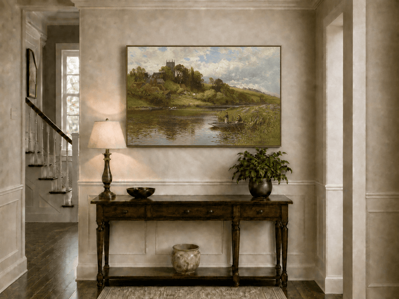 Landscape Oil Painting - River Village with Church and Rowboat