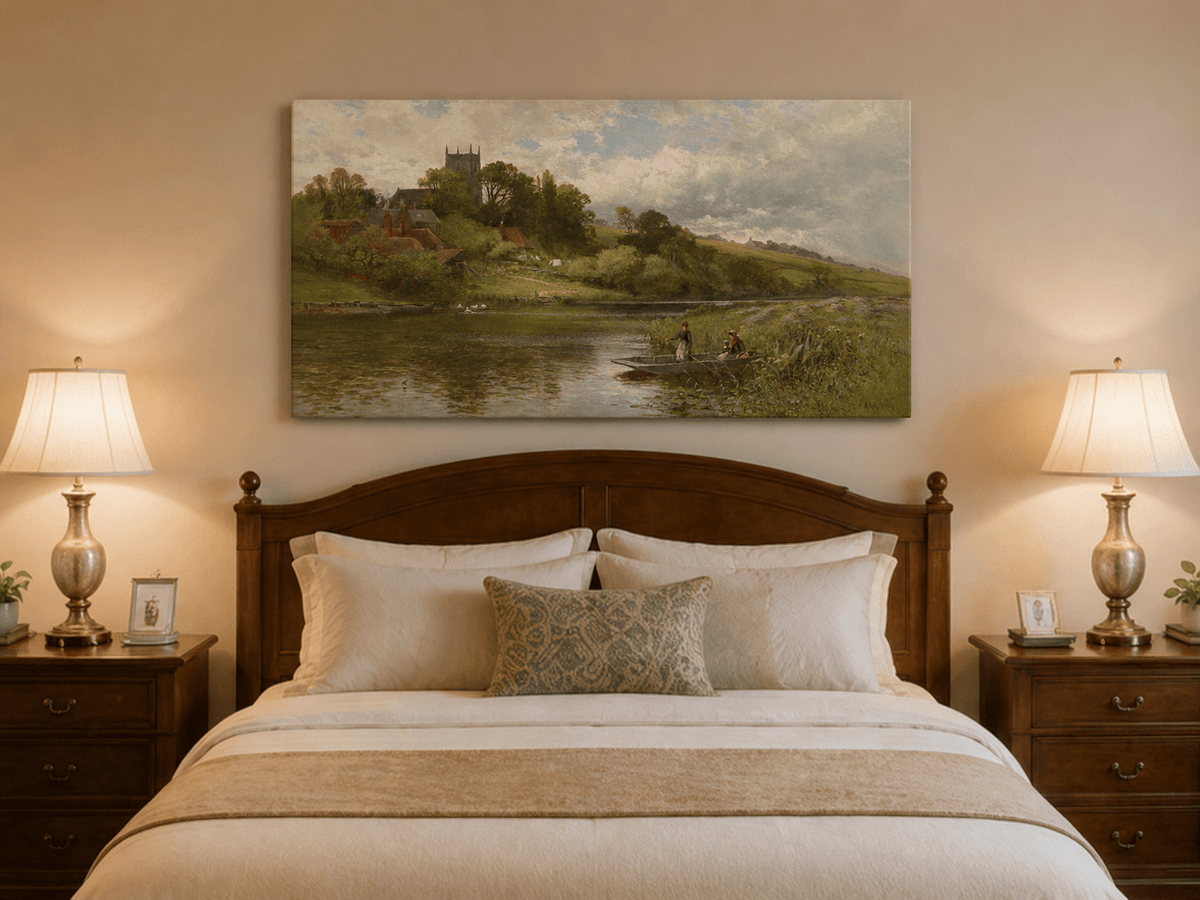 Landscape Oil Painting - River Village with Church and Rowboat