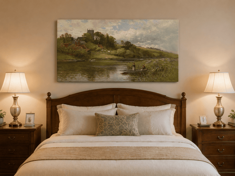 Landscape Oil Painting - River Village with Church and Rowboat