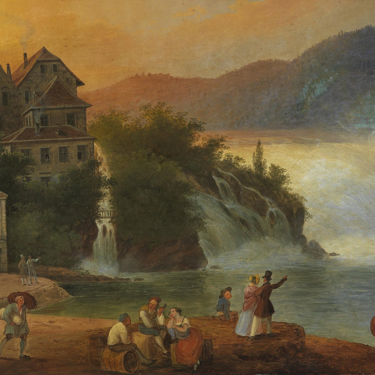 Landscape Oil Painting - River Waterfall, Riverfront & Gathered Crowd - Oil Painting Haven