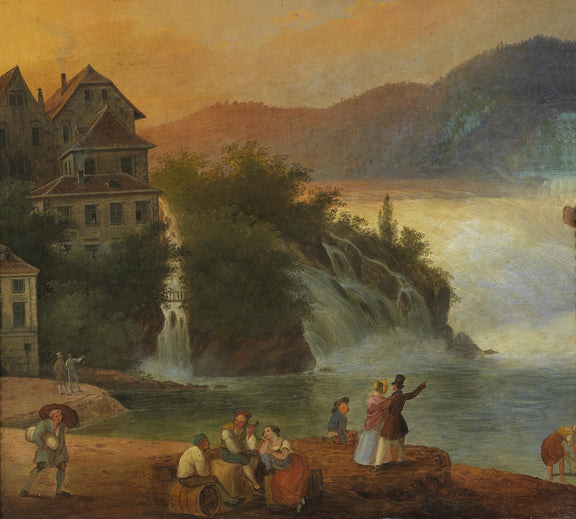 Landscape Oil Painting - River Waterfall, Riverfront & Gathered Crowd - Oil Painting Haven