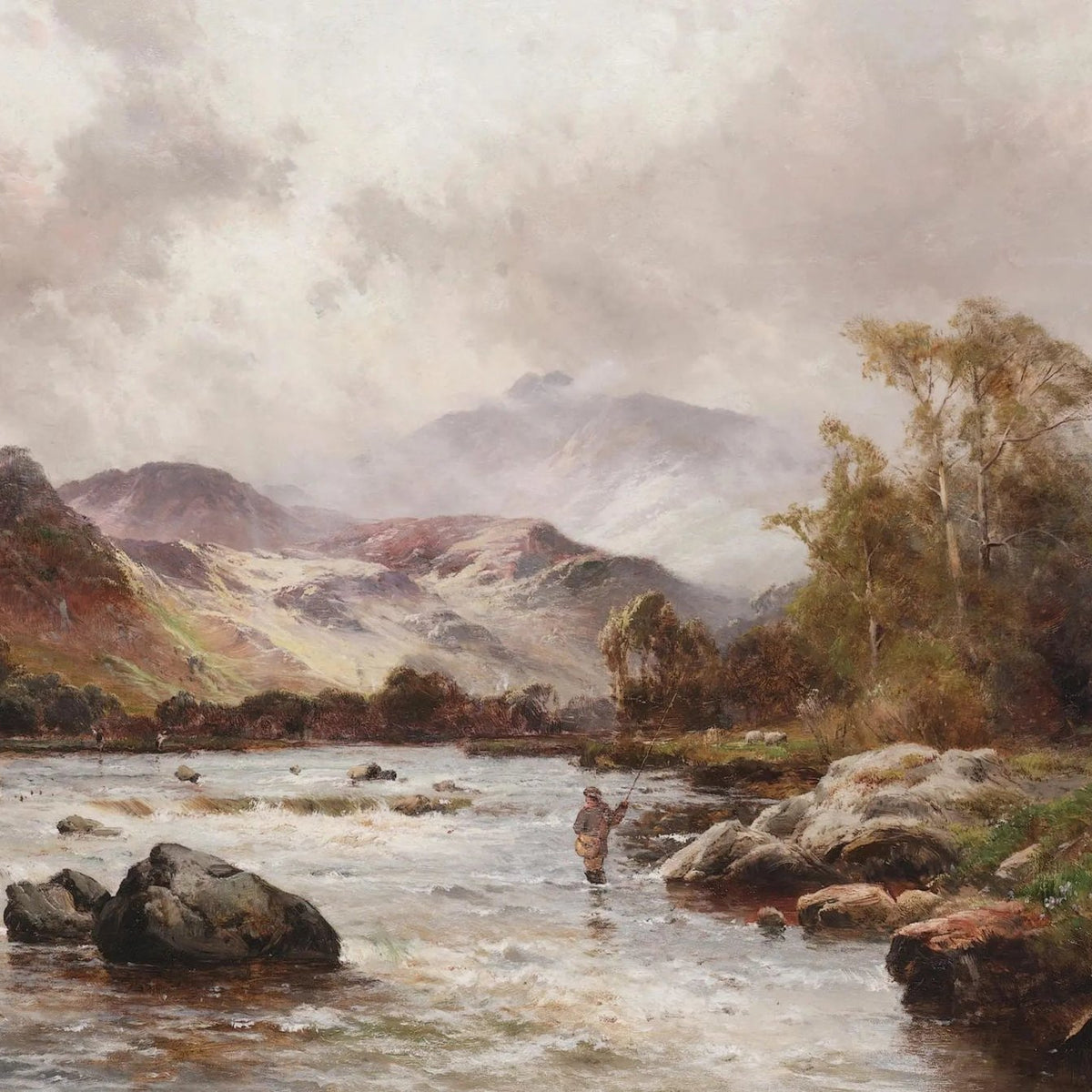 Landscape Oil Painting - River with Angler, Mountains & Sheep - Oil Painting Haven