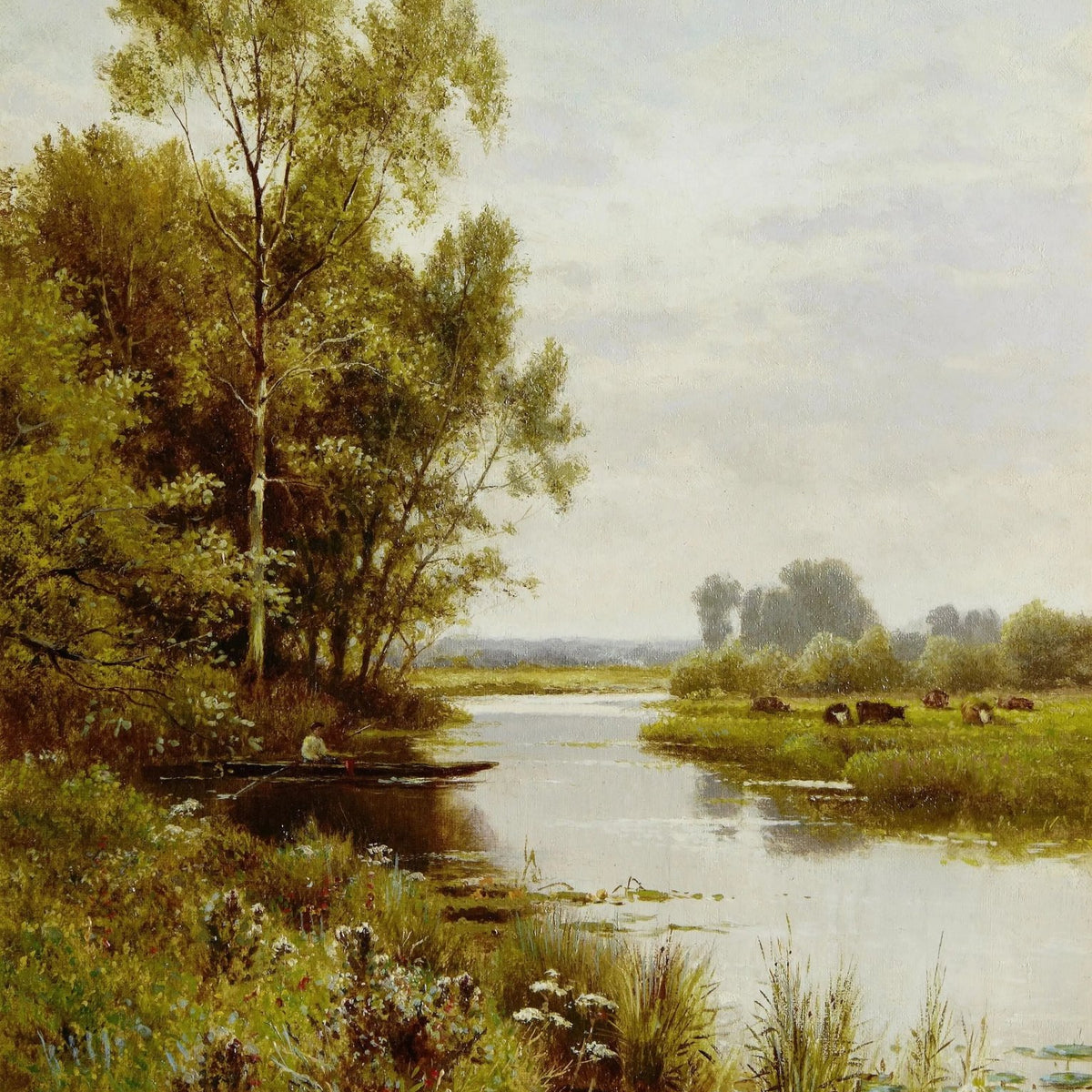 Landscape Oil Painting - River with Boat, Cattle & Flowers - Oil Painting Haven