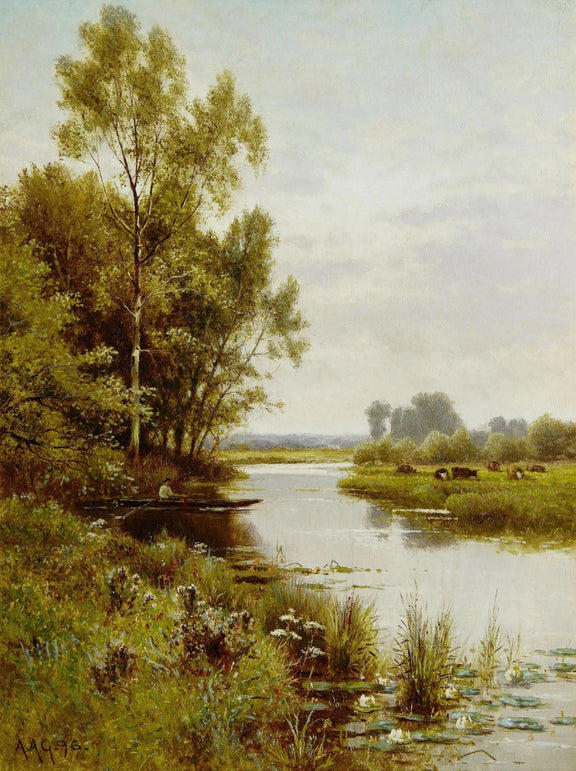 Landscape Oil Painting - River with Boat, Cattle & Flowers - Oil Painting Haven
