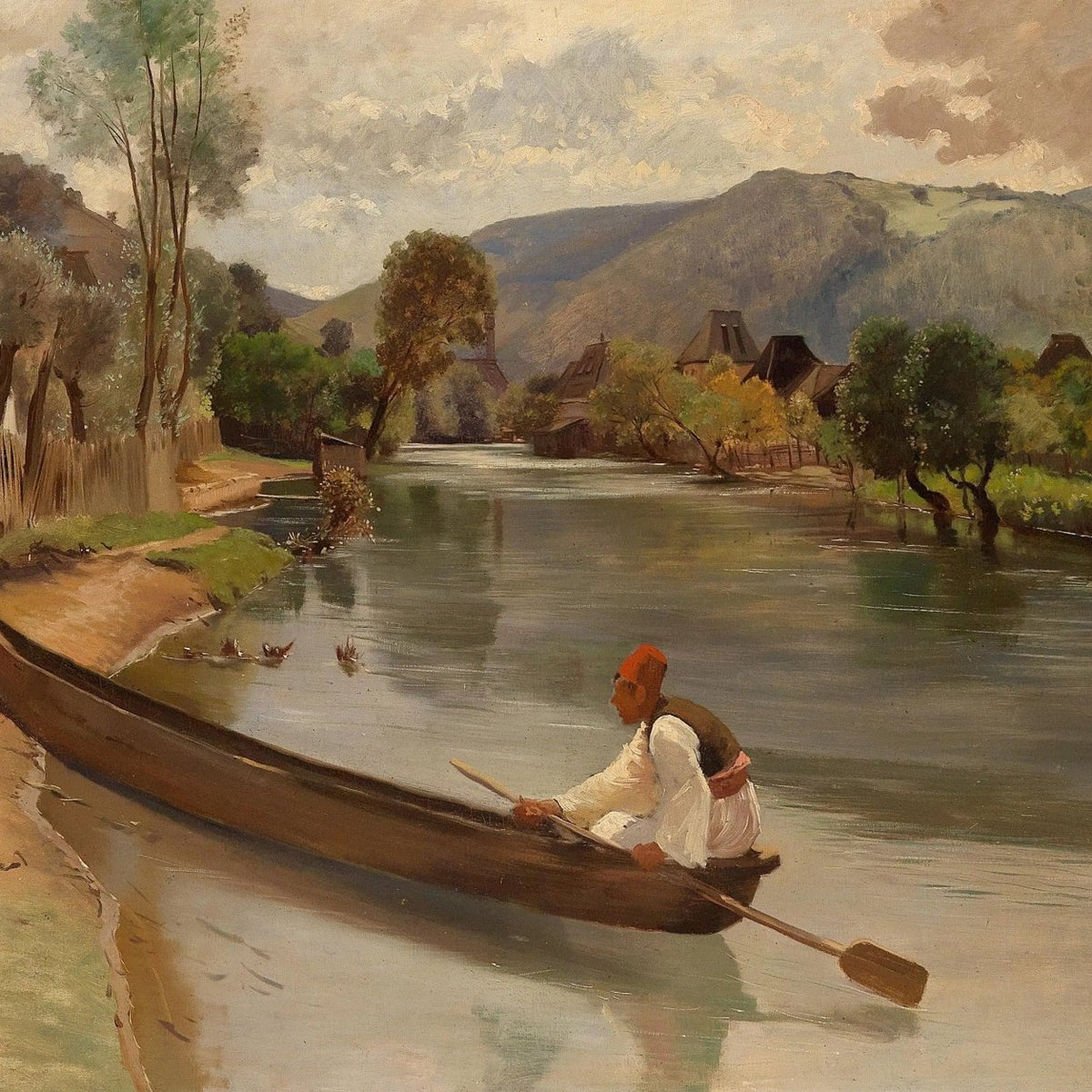 Landscape Oil Painting - River with Boat, Figure & Village - Oil Painting Haven