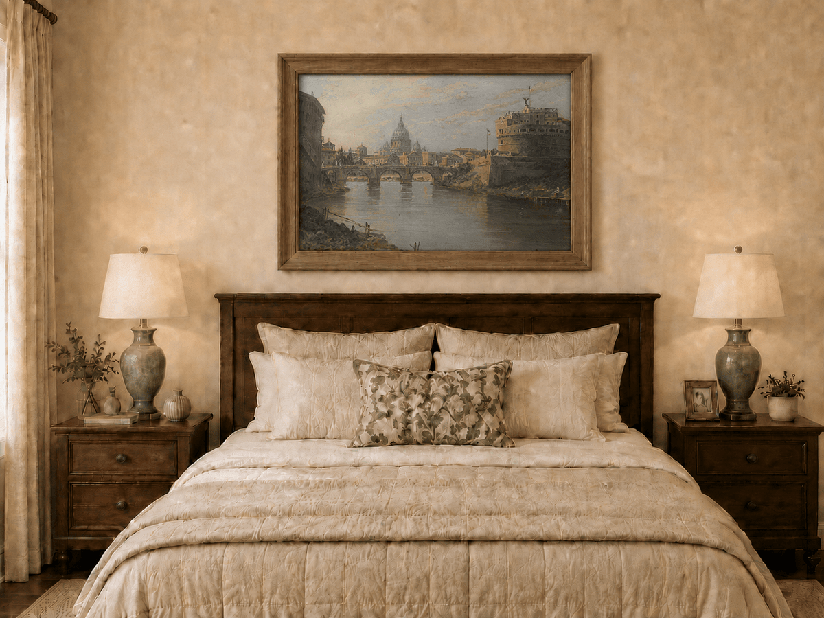 Landscape Oil Painting - River with Bridge, Castle & Dome
