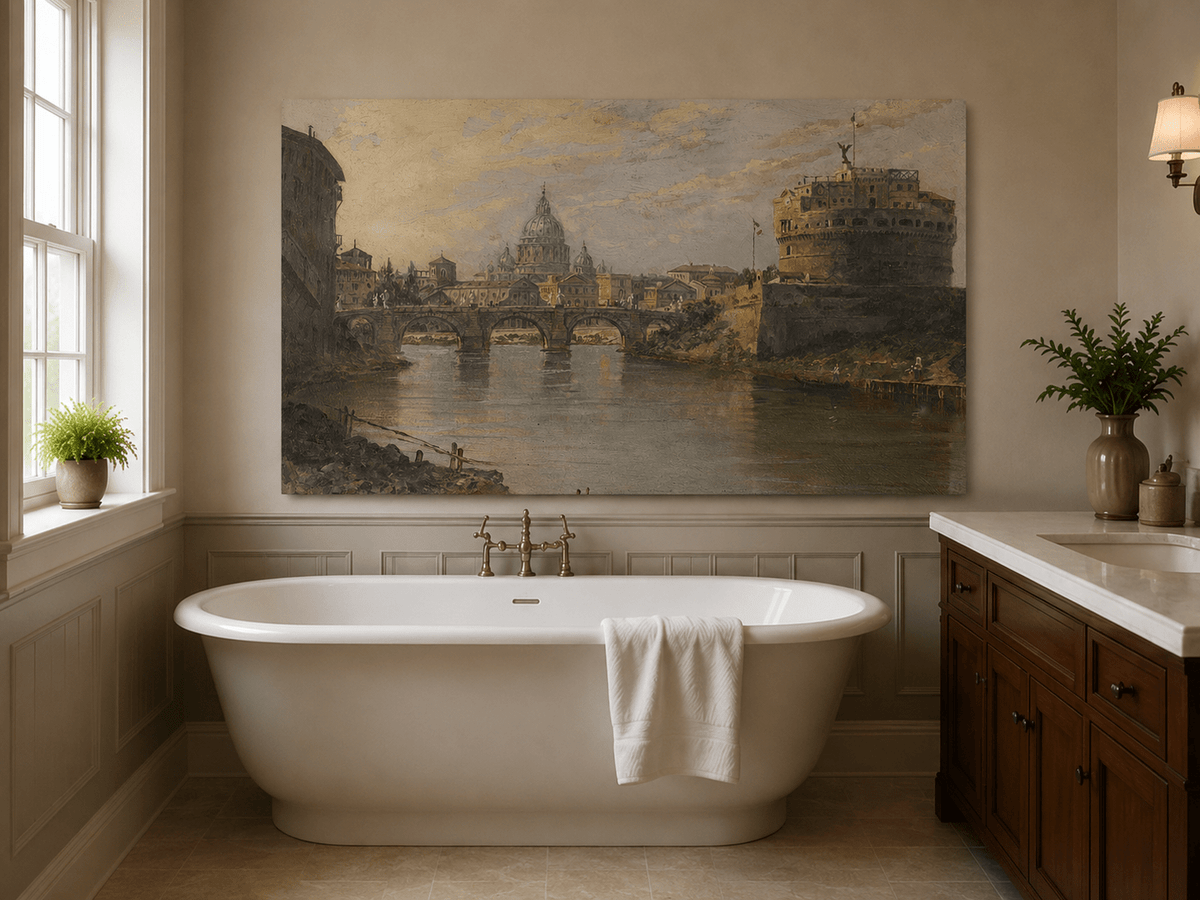 Landscape Oil Painting - River with Bridge, Castle & Dome