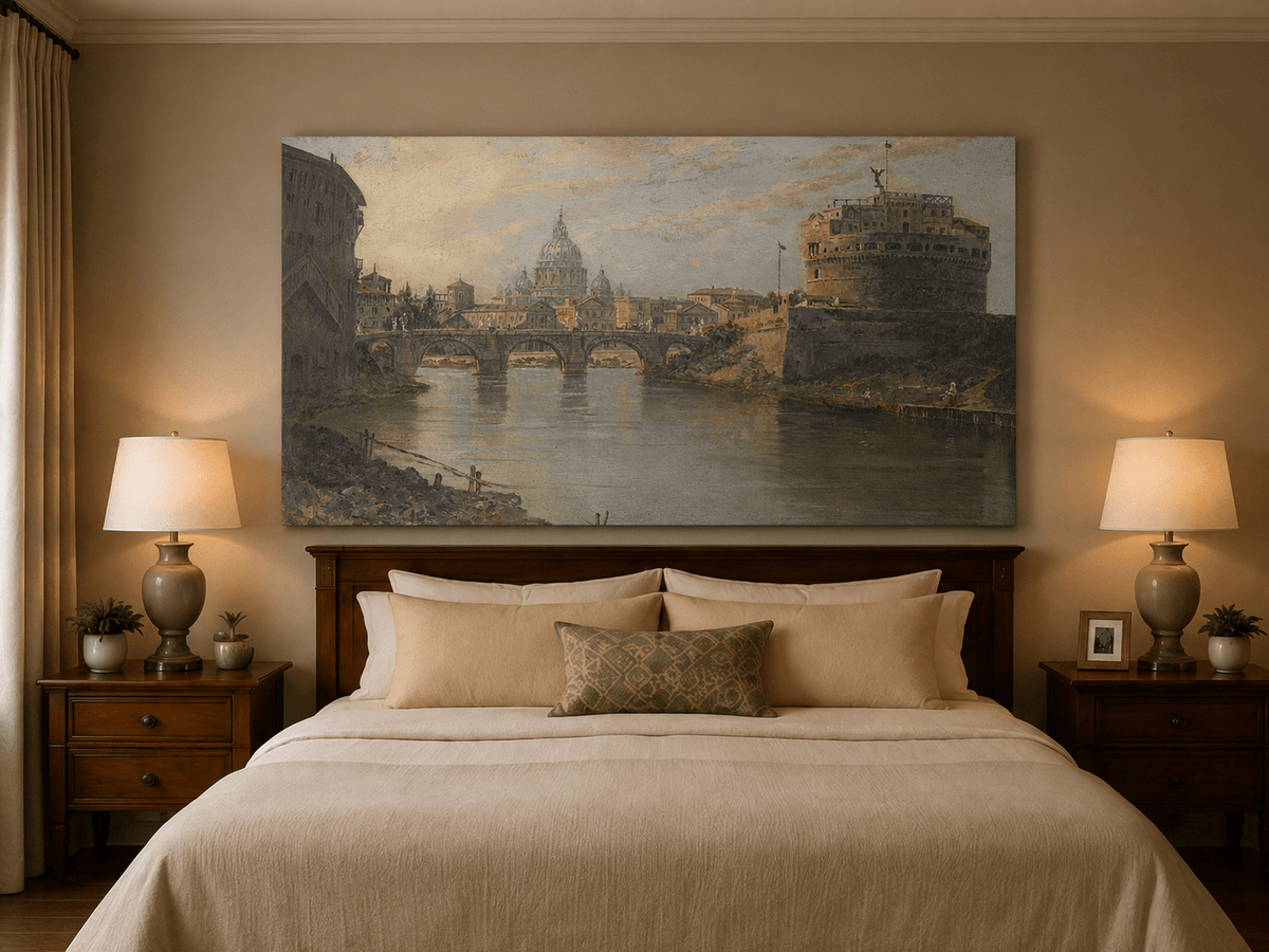 Landscape Oil Painting - River with Bridge, Castle & Dome