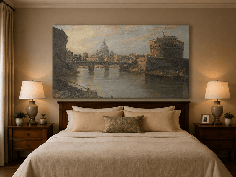 Landscape Oil Painting - River with Bridge, Castle & Dome