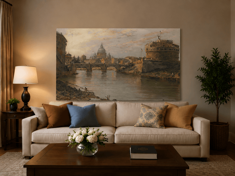Landscape Oil Painting - River with Bridge, Castle & Dome