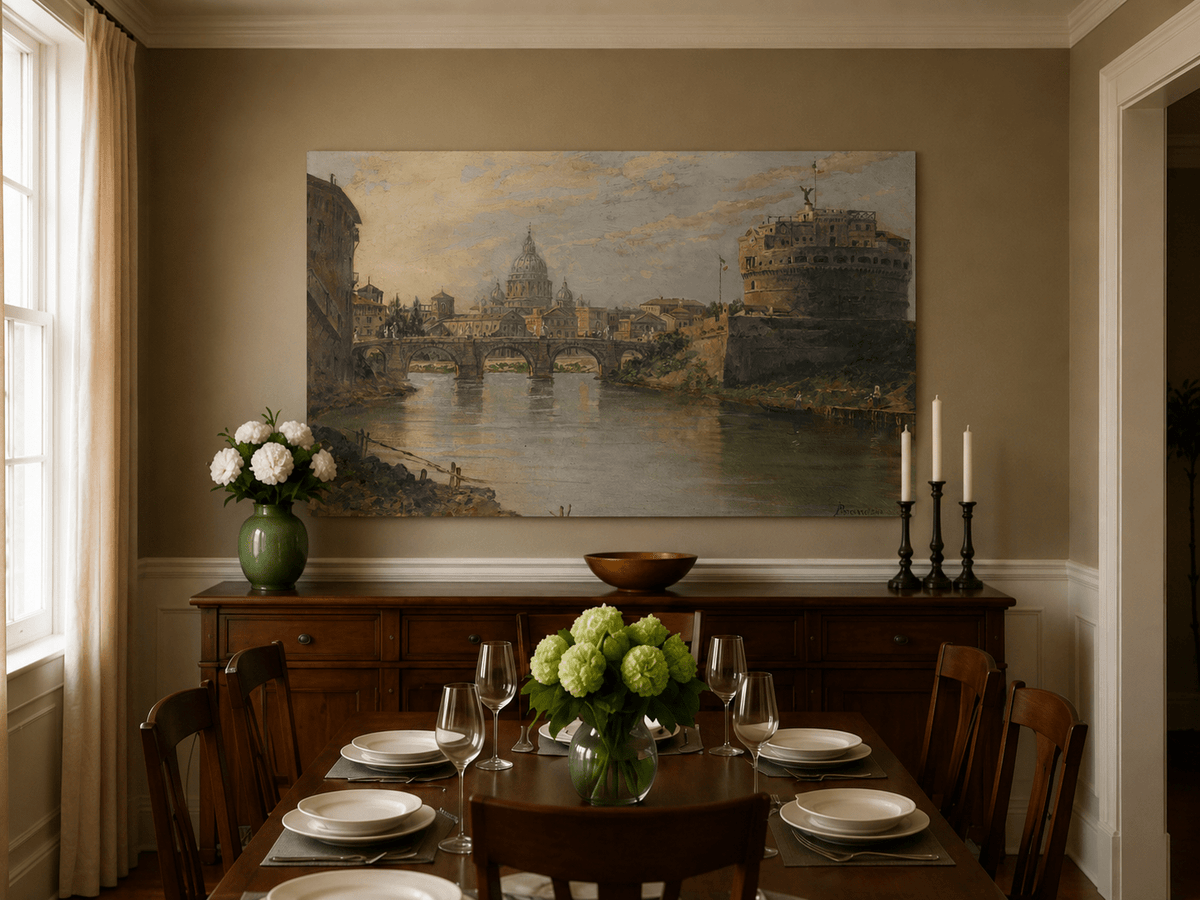 Landscape Oil Painting - River with Bridge, Castle & Dome