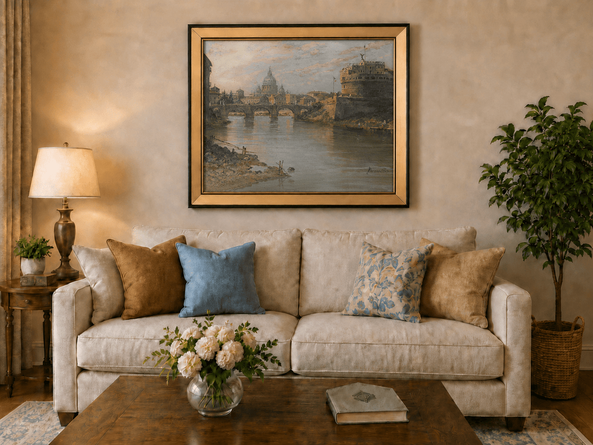 Landscape Oil Painting - River with Bridge, Castle & Dome