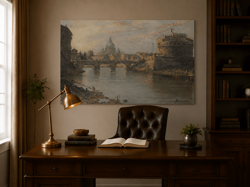 Landscape Oil Painting - River with Bridge, Castle & Dome