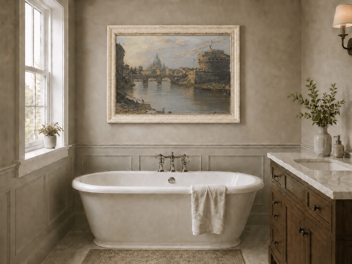 Landscape Oil Painting - River with Bridge, Castle & Dome