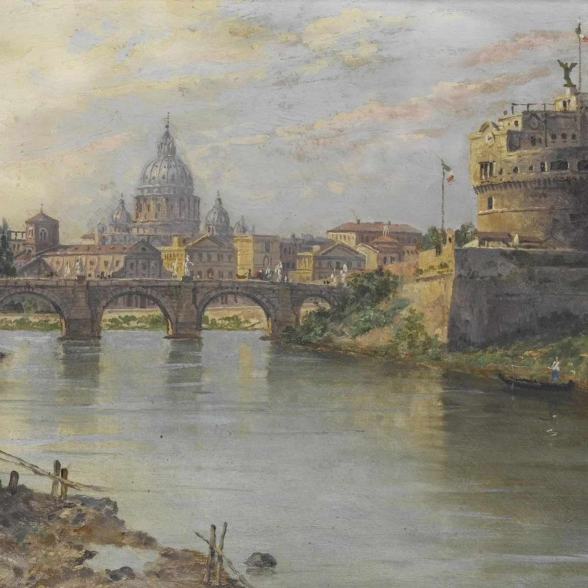 Landscape Oil Painting - River with Bridge, Castle & Dome - Oil Painting Haven