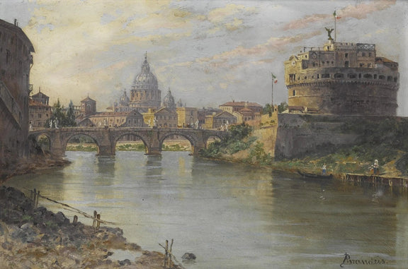 Landscape Oil Painting - River with Bridge, Castle & Dome - Oil Painting Haven