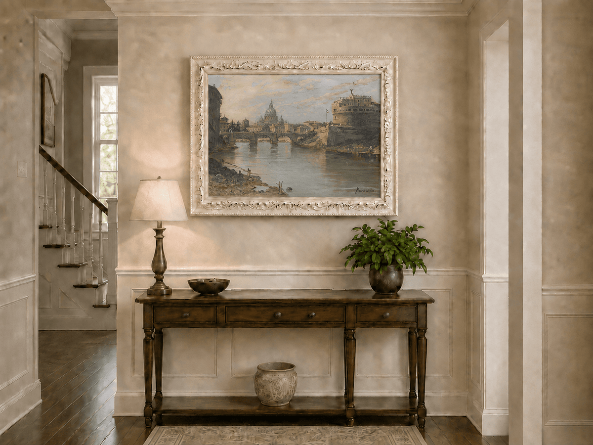 Landscape Oil Painting - River with Bridge, Castle & Dome