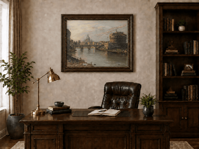 Landscape Oil Painting - River with Bridge, Castle & Dome