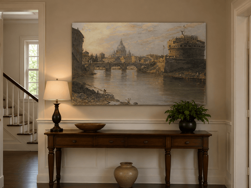 Landscape Oil Painting - River with Bridge, Castle & Dome