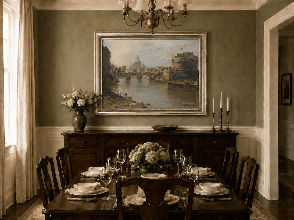 Landscape Oil Painting - River with Bridge, Castle & Dome