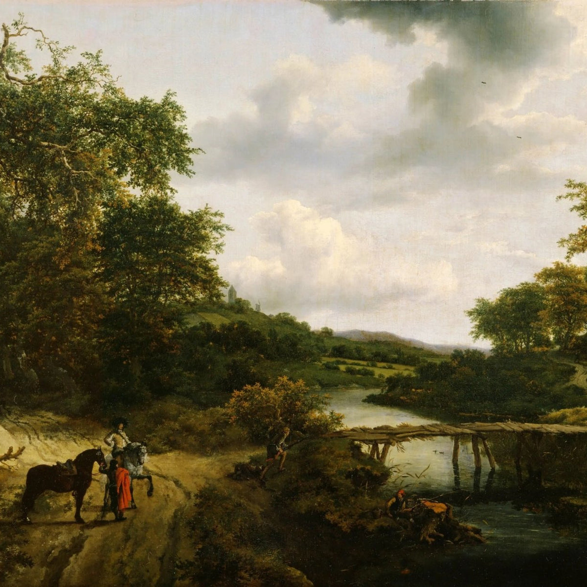 Landscape Oil Painting - River with Bridge, Figures & Horses - Oil Painting Haven