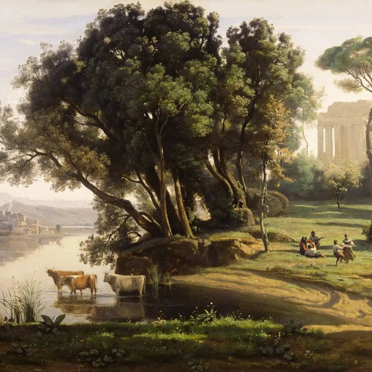 Landscape Oil Painting - River with Cattle, Figures & Ruins - Oil Painting Haven