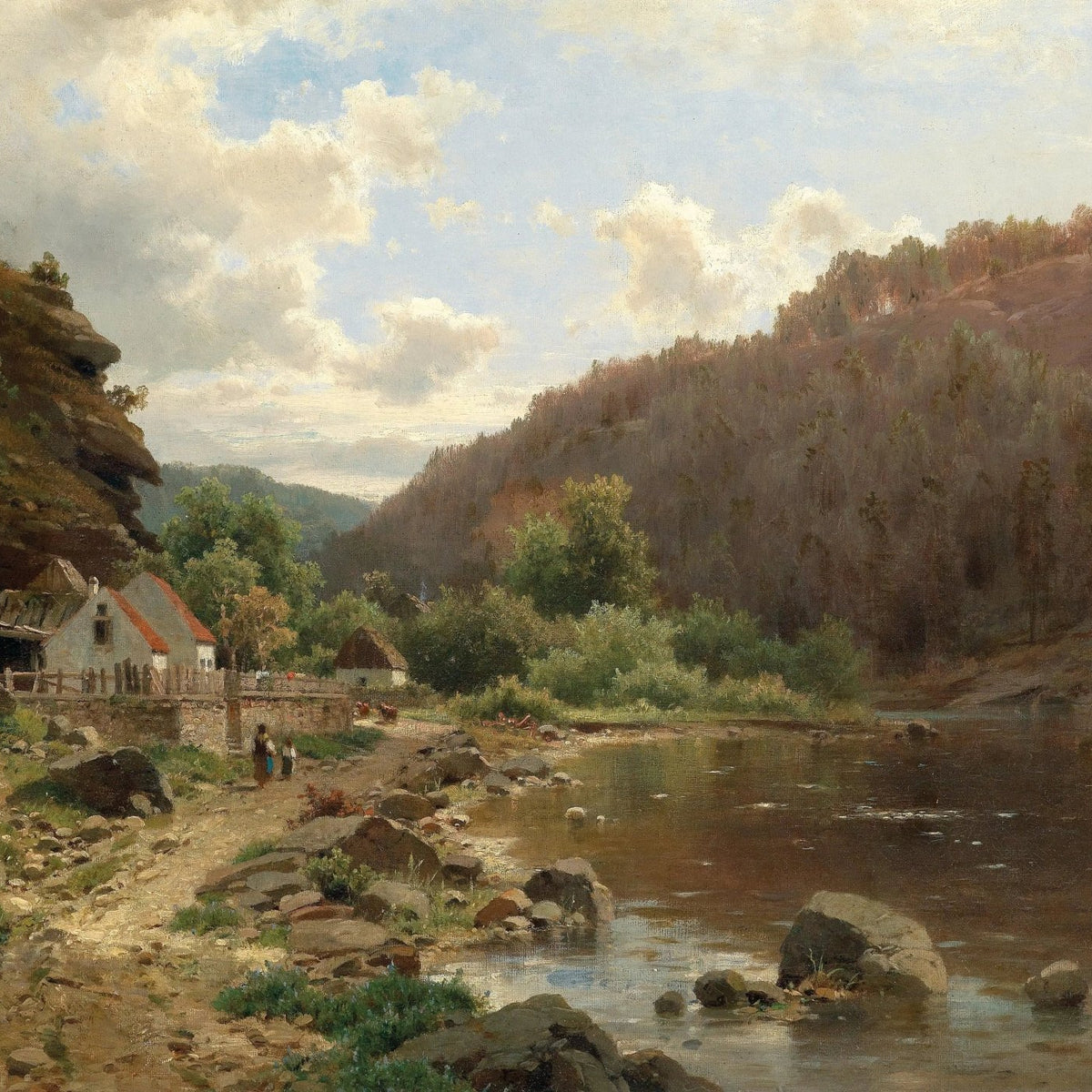 Landscape Oil Painting - River with Cottage, Hills & Figures - Oil Painting Haven