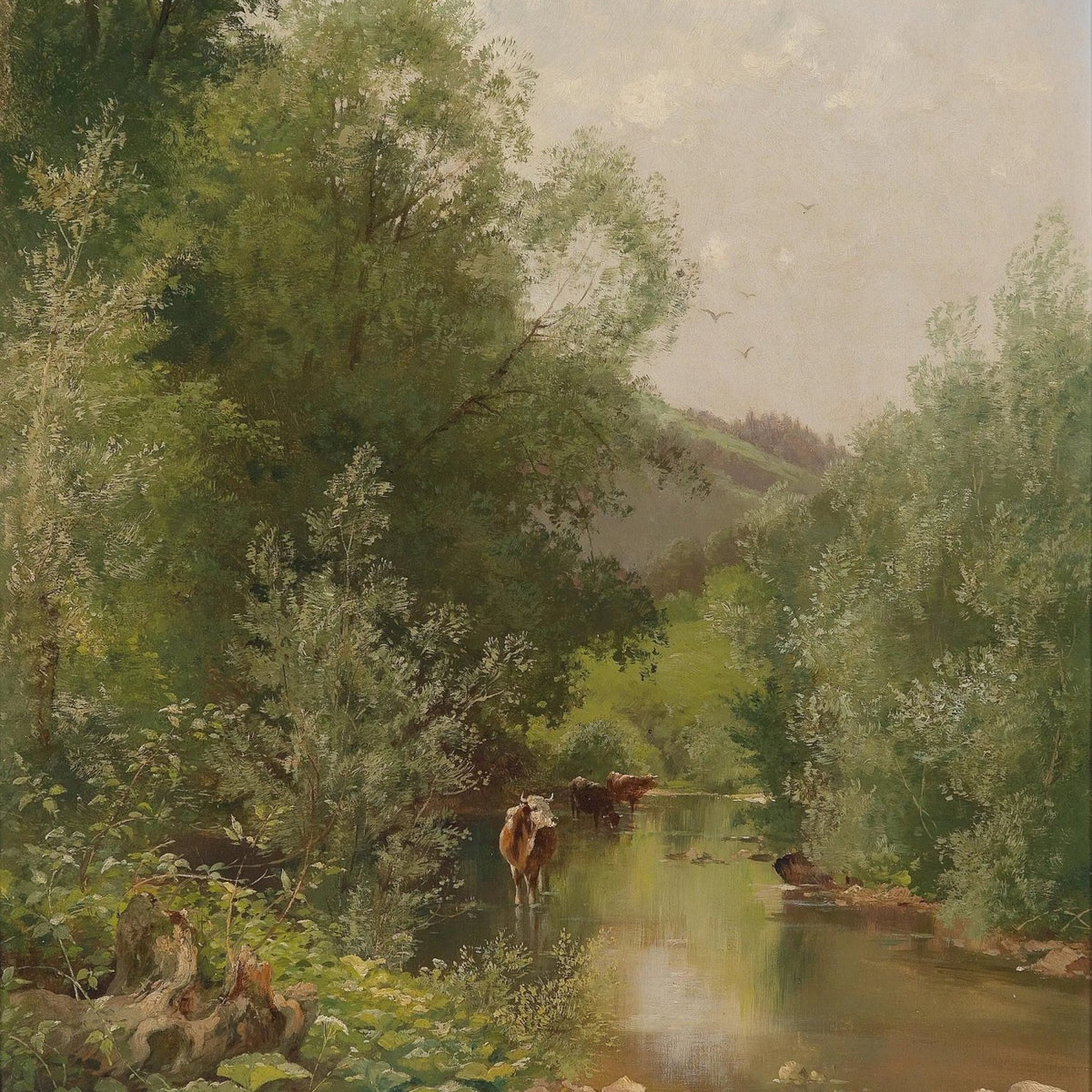 Landscape Oil Painting - River with Cows, Trees & Hills - Oil Painting Haven