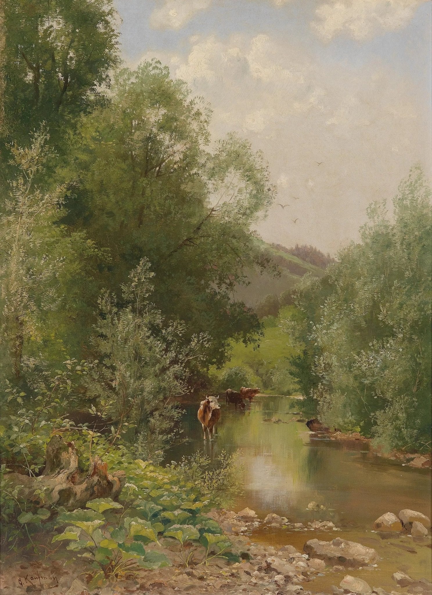 Landscape Oil Painting - River with Cows, Trees & Hills - Oil Painting Haven