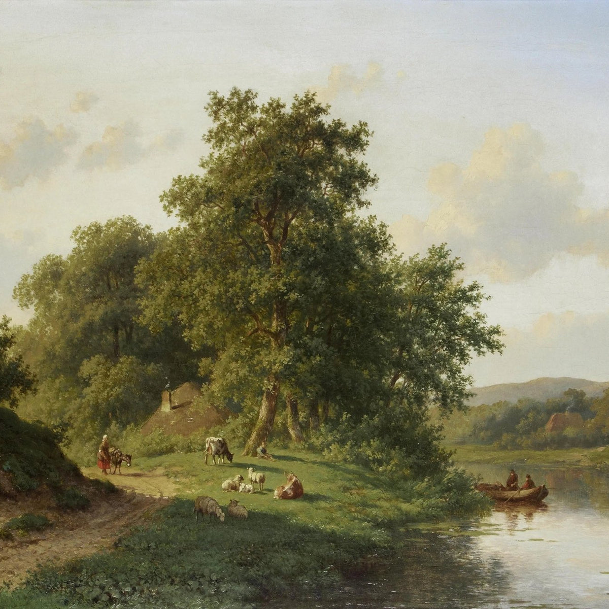 Landscape Oil Painting - River with Figures, Animals & Trees - Oil Painting Haven