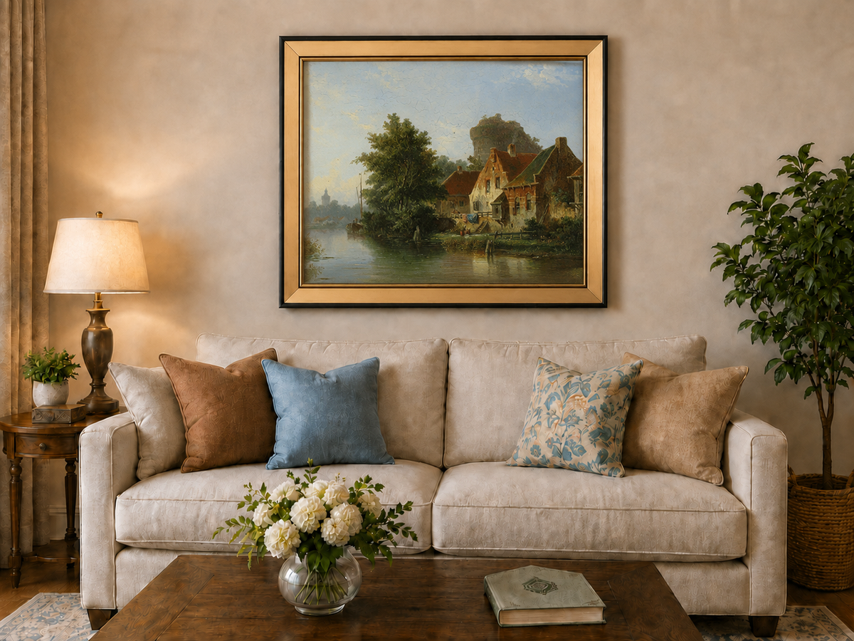 River with houses, tree and old tower landscape oil painting displayed in a styled home interior.
